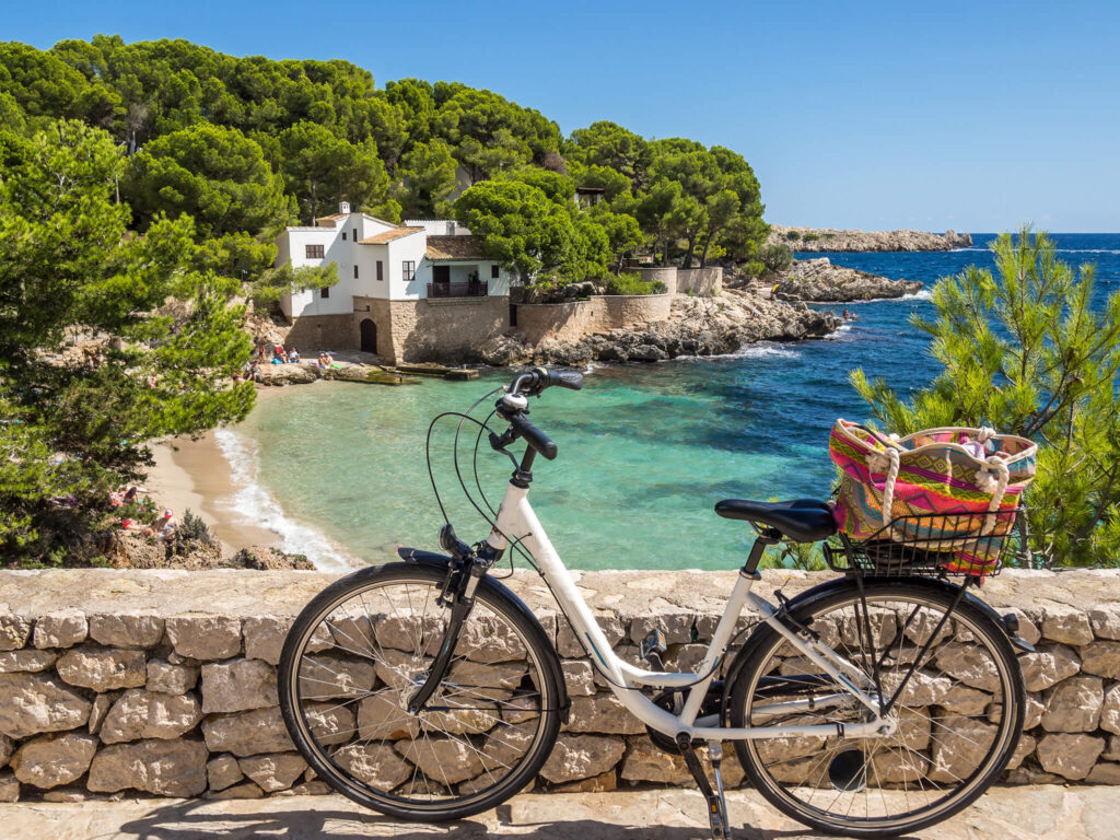 A bicycle carrying a handbag sits on a cobblestone drive while tourists sunbathe at the beach beyond.