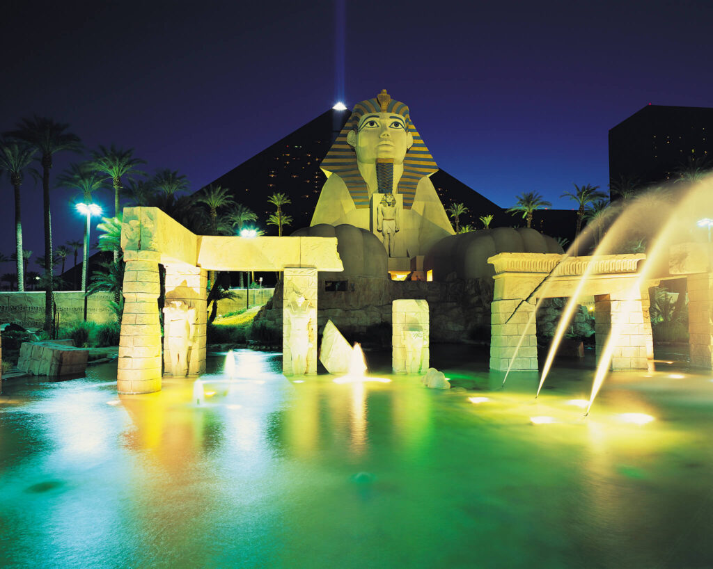 A replica statue of the Egyptian Sphinx welcomes you to the Luxor Hotel on the Las Vegas Strip.
