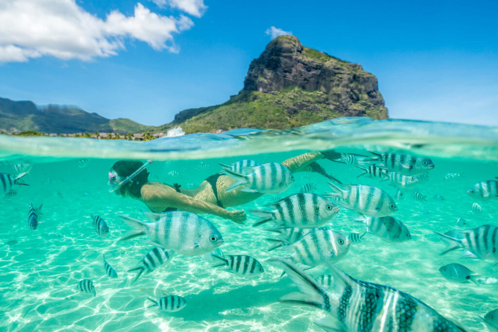 A woman snorkels with striped fish over white sand.