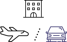 one hotel icon + airplane icon and car icon separated by diagonal dotted line