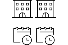 two hotel icons and two calendar-clock icon s