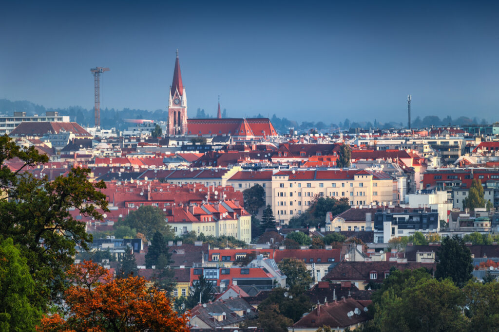 Aerial view of Vienna historical downtown from Schönbrunn Palace Garden in the autumn morning